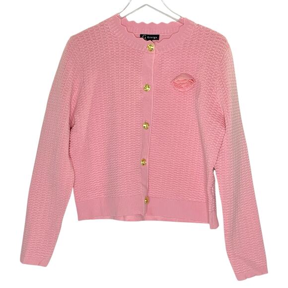 Greige L Womens Pink Knit Cardigan Sweater Gold Button Flower Detail Classic - Picture 1 of 9